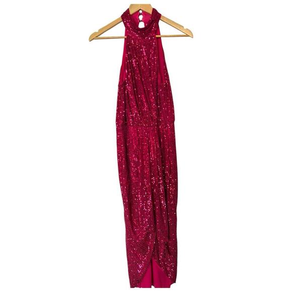 Saylor Shana Cocktail Sequin Dress Pink Halter Sheath Midi Hi Lo Medium M - Picture 3 of 13